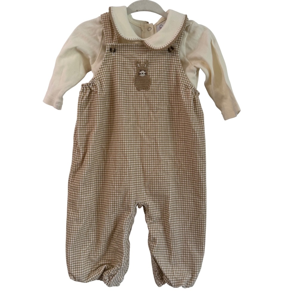 Vintage Y2K Talbots Kids Tan Gingham Overalls Outfit Bunny Easter 3-6 months